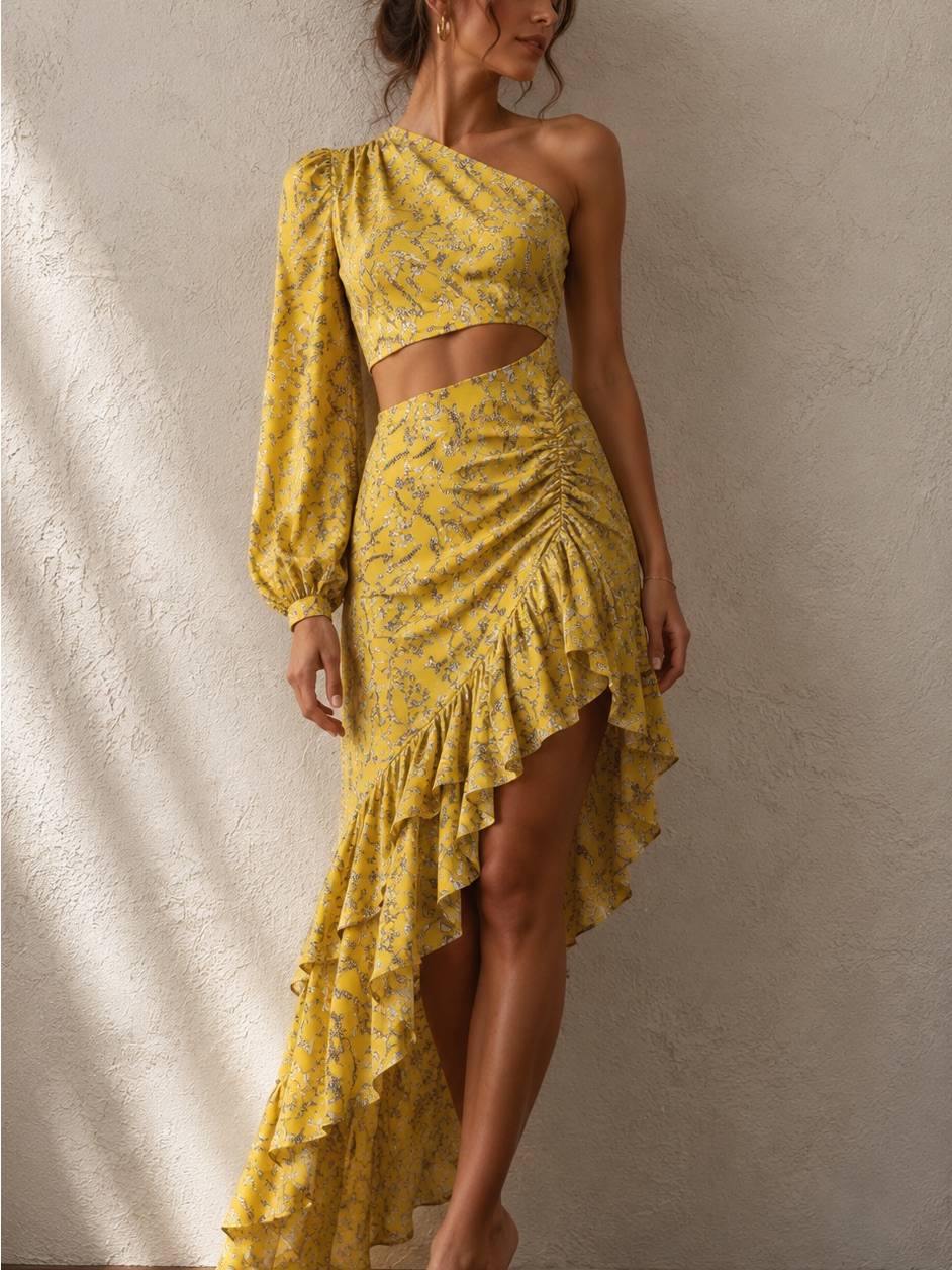 One-Shoulder Yellow Floral Ruffle Dress